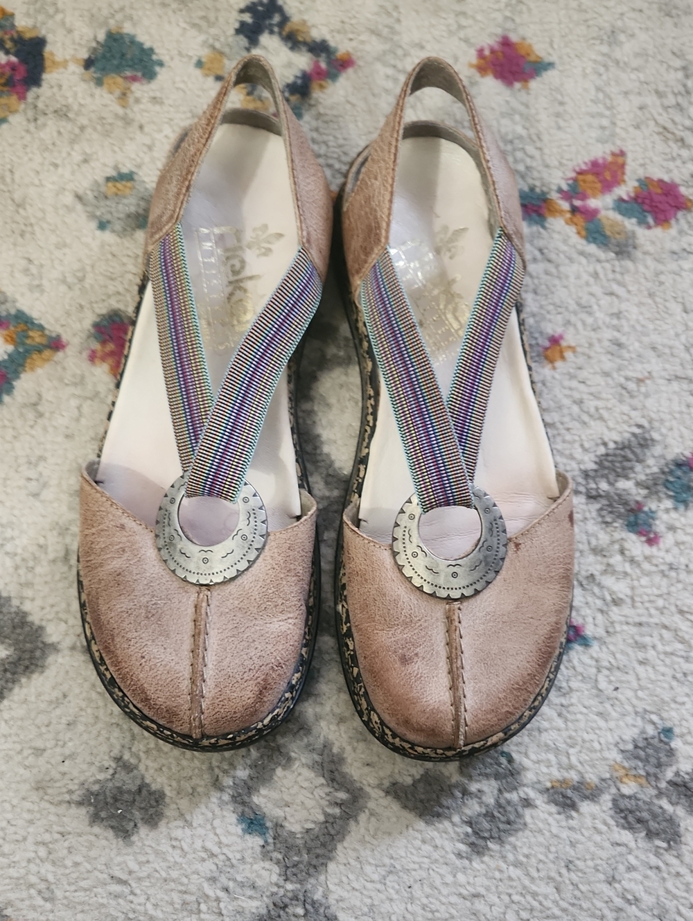Rieker Antistress Tan Slingback Sandals with Multicolor Elastic V-Strap